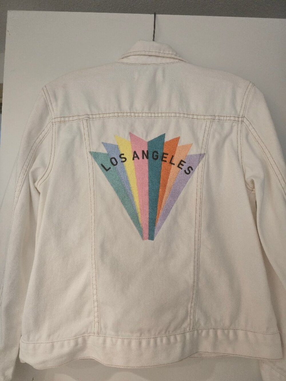 PacSun White Denim Jacket Los Angeles Rainbow Graphic Womens Small